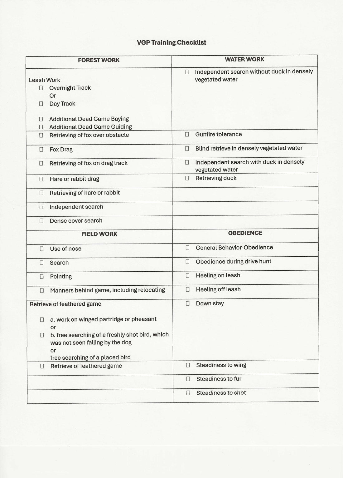 VGP- Versatile Hunting Dog Utility Test Training Checklist