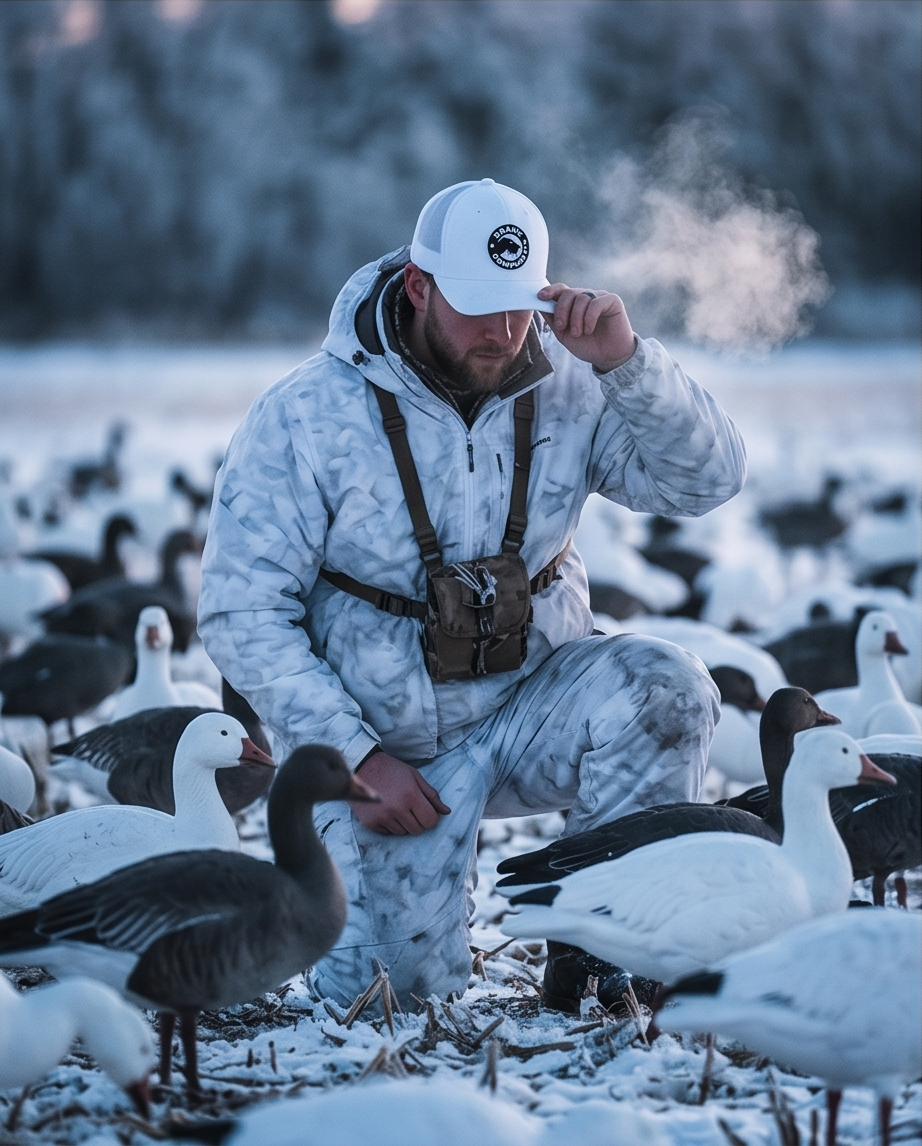 DRAHT CO Snow Goose Hat side profile view showing structured six-panel construction and snapback closure man in the snow goose decoys